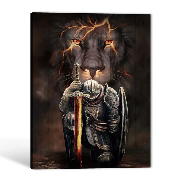 Multicolor_Lion_Knight_Wall_Art_Canvas,_76.2_cm_x_50.8_cm,_Fierce_Warrior_Lion_with_Sword