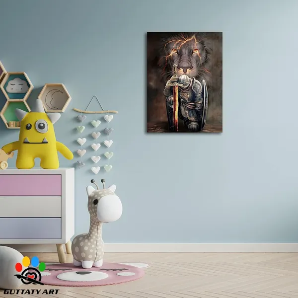 Multicolor_Lion_Knight_Wall_Art_Canvas,_76.2_cm_x_50.8_cm,_Fierce_Warrior_Lion_with_Sword