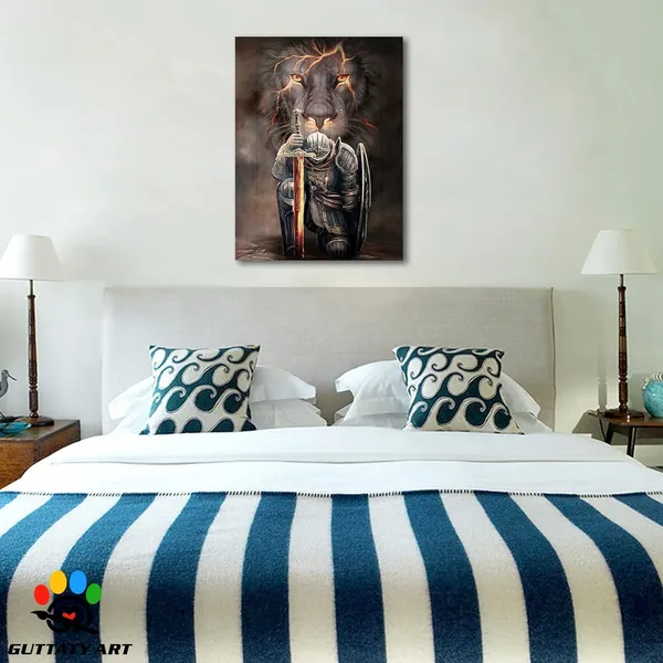 Multicolor_Lion_Knight_Wall_Art_Canvas,_76.2_cm_x_50.8_cm,_Fierce_Warrior_Lion_with_Sword