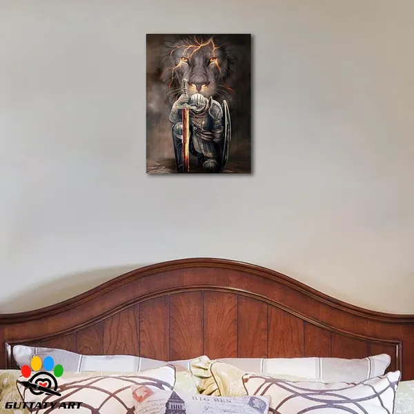 Multicolor_Lion_Knight_Wall_Art_Canvas,_76.2_cm_x_50.8_cm,_Fierce_Warrior_Lion_with_Sword