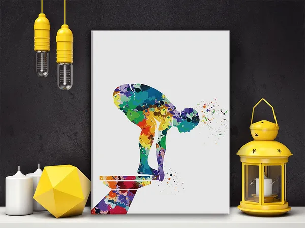 Multicolor_Springboard_Diving_Watercolor_Poster_Canvas_Wall_Art_|_For_Home/Bedroom/Boys_Room_Decor_-_Diving_Art_Canvas_Print_Wall_Art_Painting_Ready_to_Hang_Diver_Gifts_-_Easel_&_Hanging_Hook_12_x_16_Inch
