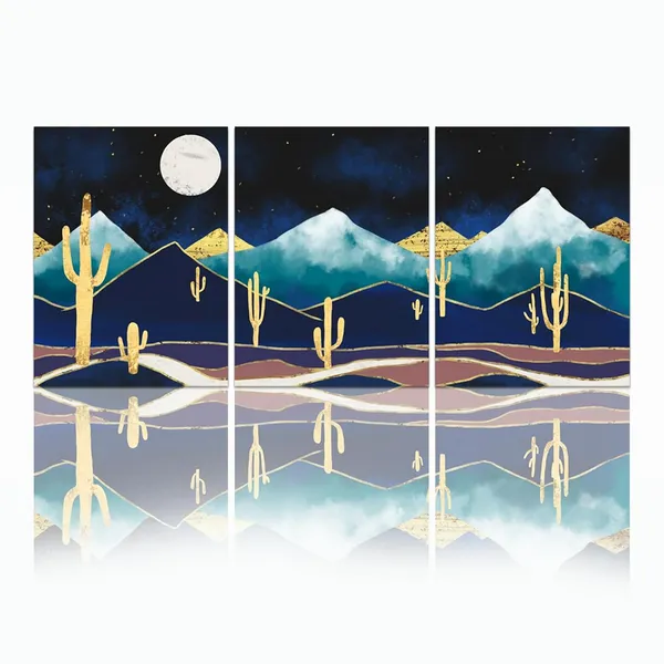 Multicolor_3_Panel_Canvas_Wall_Art_Abstract_Golden_Cactus_Art_Prints_Mountain_Desert_Night_Moon_Landscape_Pictures_|_For_Bedroom_Contemporary_Nordic_Style_Artwork_Framed_Ready_to_Hang_Each_Piece_12x16inches