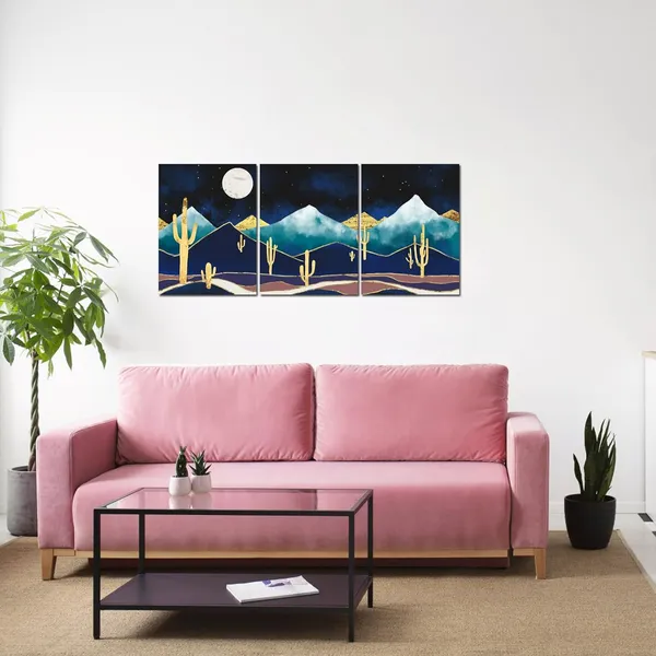 Multicolor_3_Panel_Canvas_Wall_Art_Abstract_Golden_Cactus_Art_Prints_Mountain_Desert_Night_Moon_Landscape_Pictures_|_For_Bedroom_Contemporary_Nordic_Style_Artwork_Framed_Ready_to_Hang_Each_Piece_12x16inches