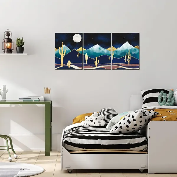 Multicolor_3_Panel_Canvas_Wall_Art_Abstract_Golden_Cactus_Art_Prints_Mountain_Desert_Night_Moon_Landscape_Pictures_|_For_Bedroom_Contemporary_Nordic_Style_Artwork_Framed_Ready_to_Hang_Each_Piece_12x16inches