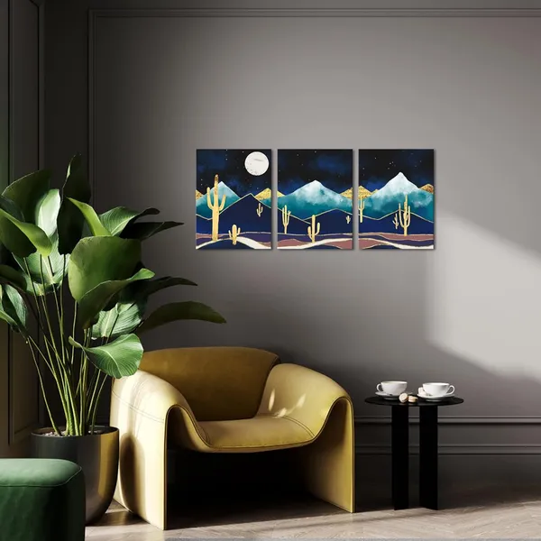 Multicolor_3_Panel_Canvas_Wall_Art_Abstract_Golden_Cactus_Art_Prints_Mountain_Desert_Night_Moon_Landscape_Pictures_|_For_Bedroom_Contemporary_Nordic_Style_Artwork_Framed_Ready_to_Hang_Each_Piece_12x16inches