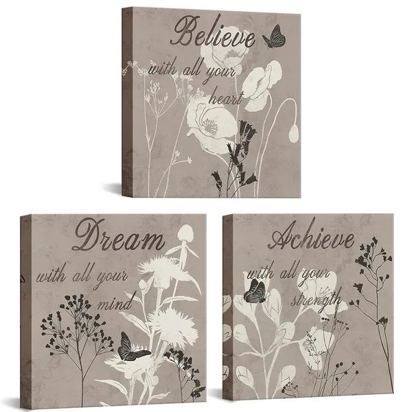 Multicolor_Inspirational_Wall_Art_Canvas_Believe_Dream_Archive_Motivational_Posters_|_For_Home_Office_Decor_Vintage_Brown_Butterfly_Flower_Canvas_Print_Wall_Decorations_Each_Piece_12x12_Inch