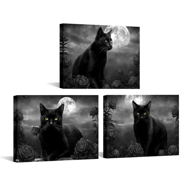 Multicolor_3_Pieces_Cat_Canvas_Wall_Art_Black_and_White_Animal_Pet_with_Flower_Painting_Picture_Print_Modern_Pet_Artwork_Framed_|_For_Living_Room_Bedroom_Office_Decor_Ready_to_Hang_(Black,_Small)
