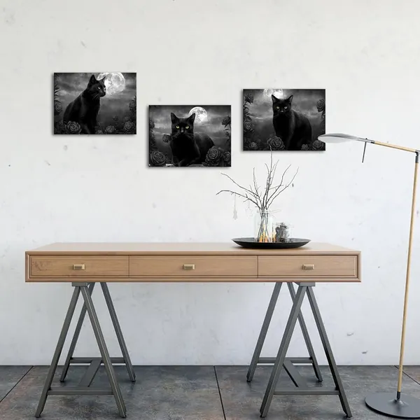 Multicolor_3_Pieces_Cat_Canvas_Wall_Art_Black_and_White_Animal_Pet_with_Flower_Painting_Picture_Print_Modern_Pet_Artwork_Framed_|_For_Living_Room_Bedroom_Office_Decor_Ready_to_Hang_(Black,_Small)