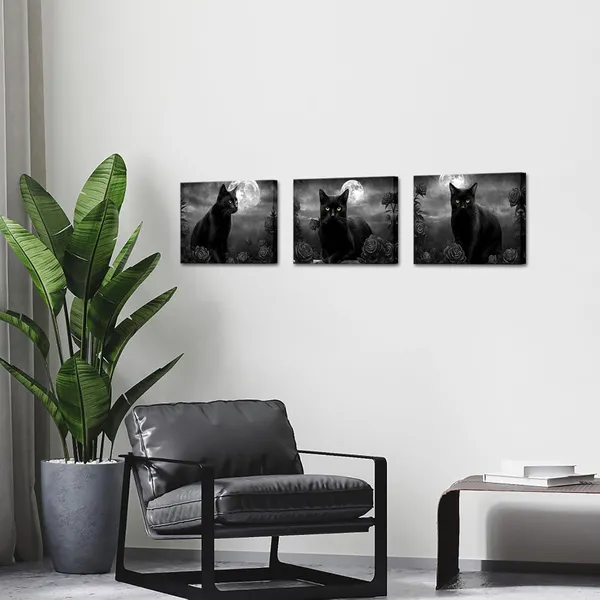Multicolor_3_Pieces_Cat_Canvas_Wall_Art_Black_and_White_Animal_Pet_with_Flower_Painting_Picture_Print_Modern_Pet_Artwork_Framed_|_For_Living_Room_Bedroom_Office_Decor_Ready_to_Hang_(Black,_Small)