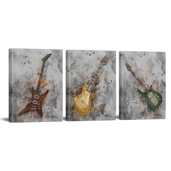 Multicolor_Music_Canvas_Wall_Art_Guitar_Painting_Prints_Rustic_Jazz_Posters_|_For_Pub_Bar_Decor_Musical_Artwork_Framed_Ready_to_Hang_12x16Inchx3PCS