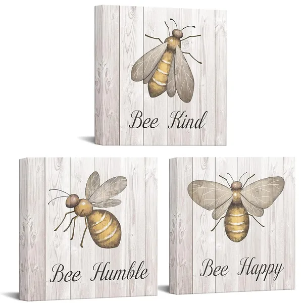 Multicolor_3_Piece_Canvas_Wall_Art_Inspirational_Motivational_Poster_Bee_Happy_Honey_Bee_Painting_Pictures_Wall_Decor_Vintage_Quote_Signs_|_For_Home_Bedroom_Decor_Gallery_Wrap_Ready_to_Hang_(12x12x3)