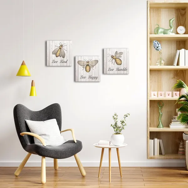 Multicolor_3_Piece_Canvas_Wall_Art_Inspirational_Motivational_Poster_Bee_Happy_Honey_Bee_Painting_Pictures_Wall_Decor_Vintage_Quote_Signs_|_For_Home_Bedroom_Decor_Gallery_Wrap_Ready_to_Hang_(12x12x3)