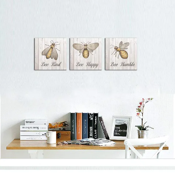 Multicolor_3_Piece_Canvas_Wall_Art_Inspirational_Motivational_Poster_Bee_Happy_Honey_Bee_Painting_Pictures_Wall_Decor_Vintage_Quote_Signs_|_For_Home_Bedroom_Decor_Gallery_Wrap_Ready_to_Hang_(12x12x3)