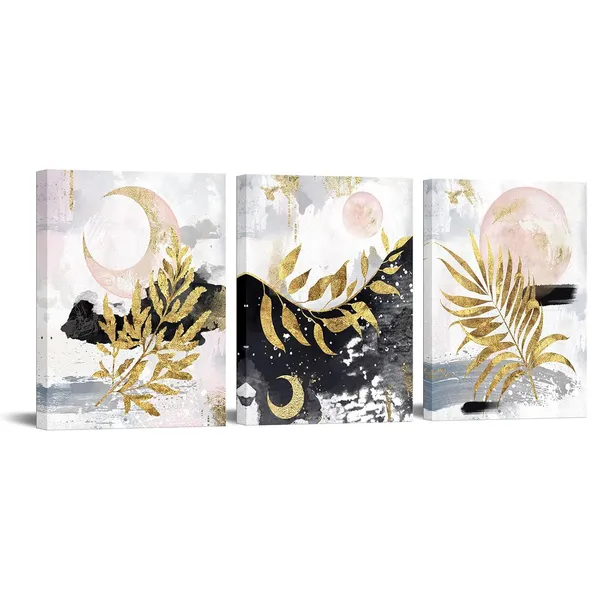 Multicolor_3_Piece_Boho_Wall_Art_|_For_Bedroom_Golden_Botanical_Plant_Leaves_with_Sun_and_Moon_Painting_Minimalist_Art_Prints_|_For_Living_Room_Girl_Room_Decorations_Gallery_Wrap_Ready_to_Hang