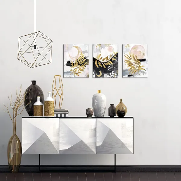 Multicolor_3_Piece_Boho_Wall_Art_|_For_Bedroom_Golden_Botanical_Plant_Leaves_with_Sun_and_Moon_Painting_Minimalist_Art_Prints_|_For_Living_Room_Girl_Room_Decorations_Gallery_Wrap_Ready_to_Hang
