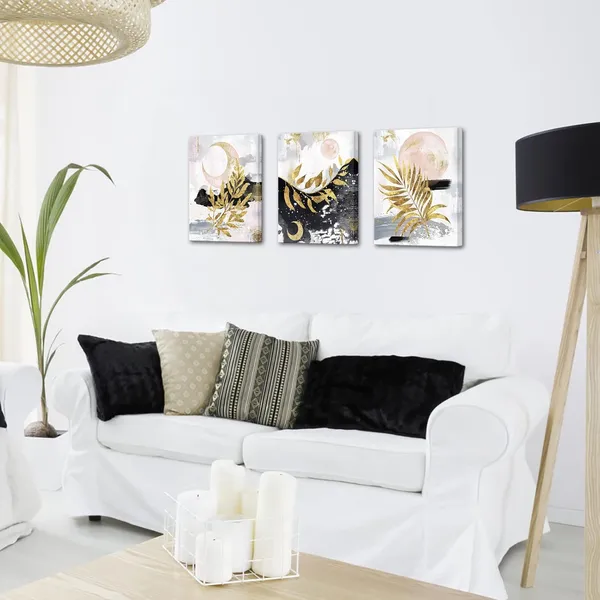 Multicolor_3_Piece_Boho_Wall_Art_|_For_Bedroom_Golden_Botanical_Plant_Leaves_with_Sun_and_Moon_Painting_Minimalist_Art_Prints_|_For_Living_Room_Girl_Room_Decorations_Gallery_Wrap_Ready_to_Hang