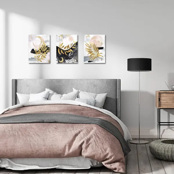 Multicolor_3_Piece_Boho_Wall_Art_|_For_Bedroom_Golden_Botanical_Plant_Leaves_with_Sun_and_Moon_Painting_Minimalist_Art_Prints_|_For_Living_Room_Girl_Room_Decorations_Gallery_Wrap_Ready_to_Hang