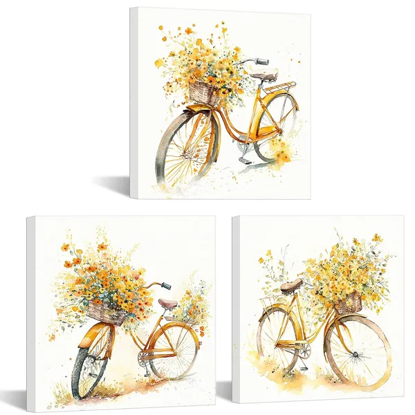 Multicolor_3_Piece_Yellow_Bicycle_Flower_Painting_Wall_Art_Watercolor_Abstract_Bike_with_Floral_Bouquet_Wildflowers_Canvas_Picture_|_For_Farmhouse_Kitchen_Living_Room_Bedroom_Bathroom_(Yellow,_Small)