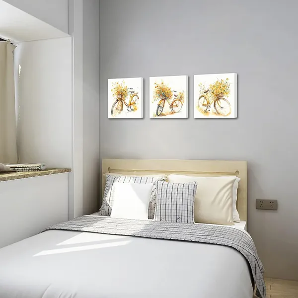 Multicolor_3_Piece_Yellow_Bicycle_Flower_Painting_Wall_Art_Watercolor_Abstract_Bike_with_Floral_Bouquet_Wildflowers_Canvas_Picture_|_For_Farmhouse_Kitchen_Living_Room_Bedroom_Bathroom_(Yellow,_Small)