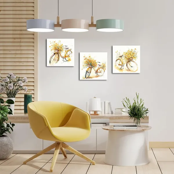 Multicolor_3_Piece_Yellow_Bicycle_Flower_Painting_Wall_Art_Watercolor_Abstract_Bike_with_Floral_Bouquet_Wildflowers_Canvas_Picture_|_For_Farmhouse_Kitchen_Living_Room_Bedroom_Bathroom_(Yellow,_Small)