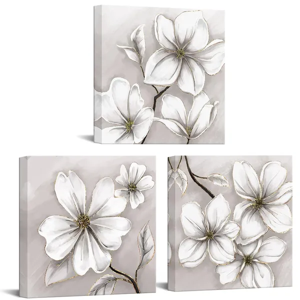 Multicolor_3_Piece_Flower_Wall_Art_White_and_Gold_Floral_Canvas_Print_with_Wood_Frame_Vintage_Still_Life_Painting_|_For_Bedroom_Bathroom_Decor_Stretched_Canvas_Ready_to_Hang_(White,_12"x12"x3pcs)