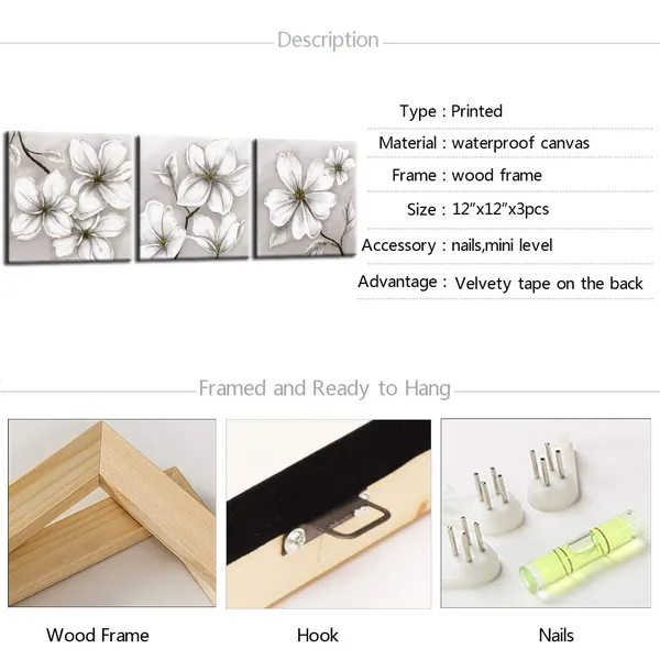 Multicolor_3_Piece_Flower_Wall_Art_White_and_Gold_Floral_Canvas_Print_with_Wood_Frame_Vintage_Still_Life_Painting_|_For_Bedroom_Bathroom_Decor_Stretched_Canvas_Ready_to_Hang_(White,_12"x12"x3pcs)