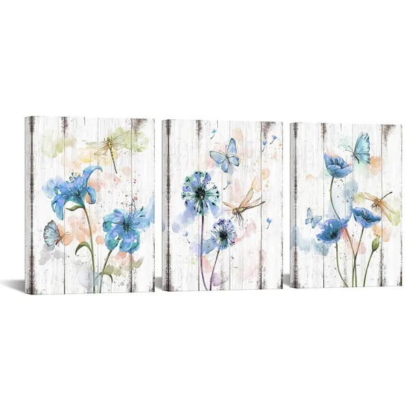 Multicolor_3_Piece_Canvas_Wall_Art_Blue_Flower_Painting_Art_Prints_Dandelion_Lily_Poppy_Flower_with_Butterfly_Picture_Artwork_Modern_Bedroom_Bathroom_Decor_Framed_Ready_to_Hang_Each_Panel_12x16_Inches