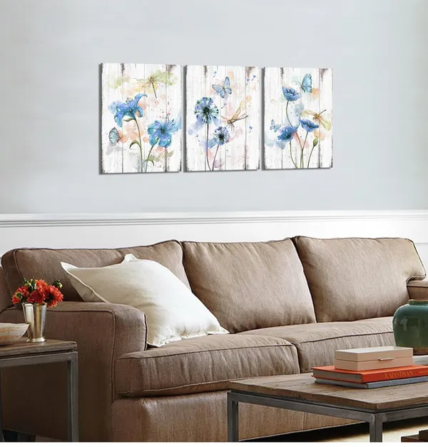 Multicolor_3_Piece_Canvas_Wall_Art_Blue_Flower_Painting_Art_Prints_Dandelion_Lily_Poppy_Flower_with_Butterfly_Picture_Artwork_Modern_Bedroom_Bathroom_Decor_Framed_Ready_to_Hang_Each_Panel_12x16_Inches