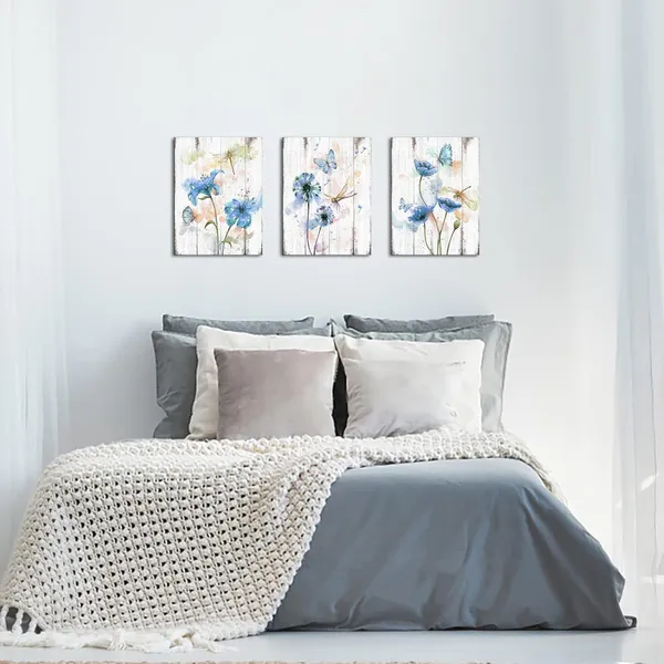 Multicolor_3_Piece_Canvas_Wall_Art_Blue_Flower_Painting_Art_Prints_Dandelion_Lily_Poppy_Flower_with_Butterfly_Picture_Artwork_Modern_Bedroom_Bathroom_Decor_Framed_Ready_to_Hang_Each_Panel_12x16_Inches
