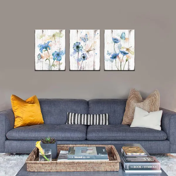 Multicolor_3_Piece_Canvas_Wall_Art_Blue_Flower_Painting_Art_Prints_Dandelion_Lily_Poppy_Flower_with_Butterfly_Picture_Artwork_Modern_Bedroom_Bathroom_Decor_Framed_Ready_to_Hang_Each_Panel_12x16_Inches