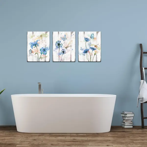 Multicolor_3_Piece_Canvas_Wall_Art_Blue_Flower_Painting_Art_Prints_Dandelion_Lily_Poppy_Flower_with_Butterfly_Picture_Artwork_Modern_Bedroom_Bathroom_Decor_Framed_Ready_to_Hang_Each_Panel_12x16_Inches