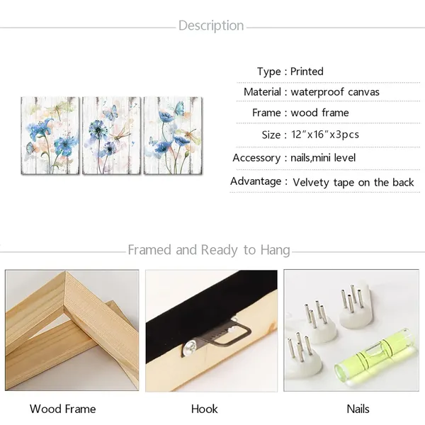 Multicolor_3_Piece_Canvas_Wall_Art_Blue_Flower_Painting_Art_Prints_Dandelion_Lily_Poppy_Flower_with_Butterfly_Picture_Artwork_Modern_Bedroom_Bathroom_Decor_Framed_Ready_to_Hang_Each_Panel_12x16_Inches