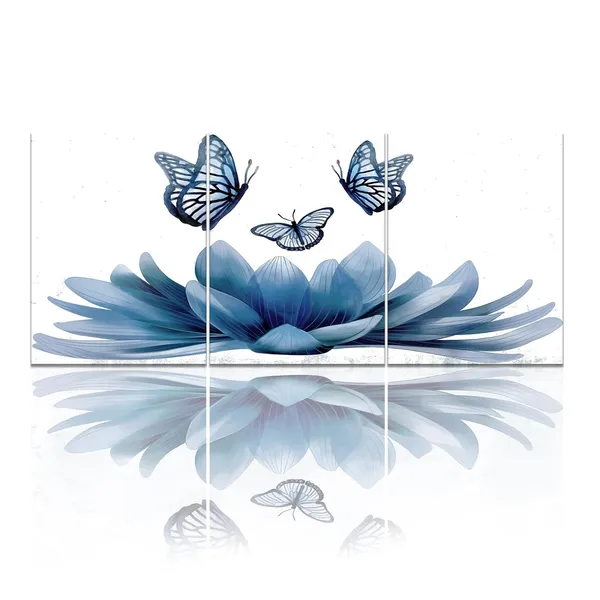 Multicolor_3_Piece_Lotus_Flower_Wall_Art_Abstract_Navy_Blue_Floral_with_Butterfly_Painting_Canvas_Prints_Zen_Artwork_|_For_Home_Office_Living_Room_Bathroom_Decor_Gallery_Wrapp_Each_Piece_12x16