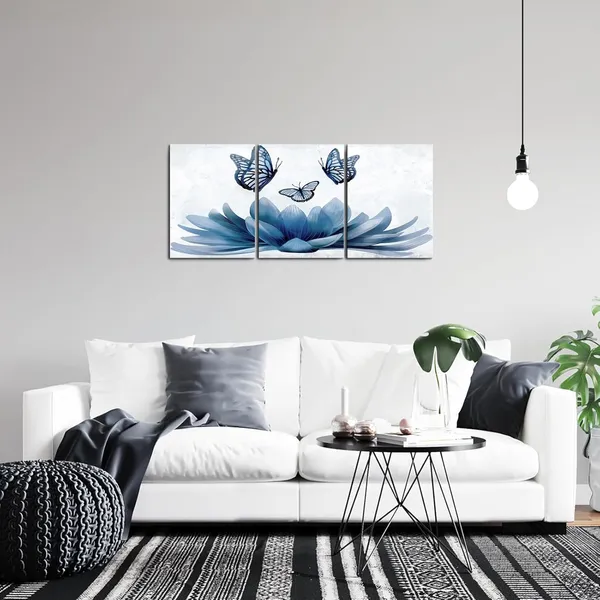 Multicolor_3_Piece_Lotus_Flower_Wall_Art_Abstract_Navy_Blue_Floral_with_Butterfly_Painting_Canvas_Prints_Zen_Artwork_|_For_Home_Office_Living_Room_Bathroom_Decor_Gallery_Wrapp_Each_Piece_12x16
