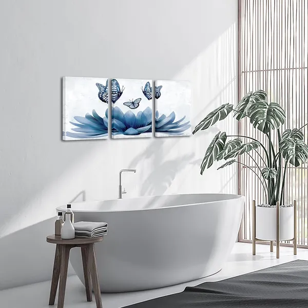 Multicolor_3_Piece_Lotus_Flower_Wall_Art_Abstract_Navy_Blue_Floral_with_Butterfly_Painting_Canvas_Prints_Zen_Artwork_|_For_Home_Office_Living_Room_Bathroom_Decor_Gallery_Wrapp_Each_Piece_12x16