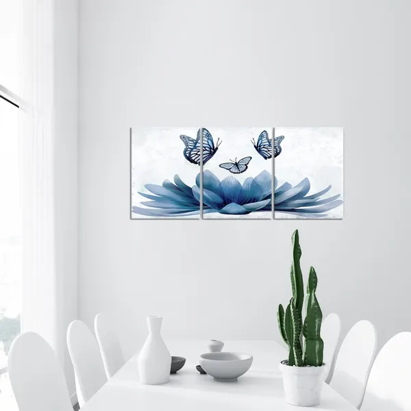 Multicolor_3_Piece_Lotus_Flower_Wall_Art_Abstract_Navy_Blue_Floral_with_Butterfly_Painting_Canvas_Prints_Zen_Artwork_|_For_Home_Office_Living_Room_Bathroom_Decor_Gallery_Wrapp_Each_Piece_12x16