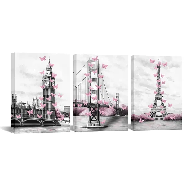 Multicolor_3_Pieces_Pink_and_Grey_Canvas_Wall_Art_|_For_Living_Room_Bedroom_Bathroom_Girls_Pink_Paris_Theme_Room_Decor_London_Big_Ben_Tower_Eiffel_Golden_Gate_Bridge_with_Butterfly_Painting_Wall_Decor