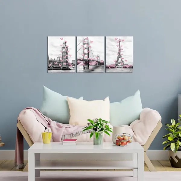 Multicolor_3_Pieces_Pink_and_Grey_Canvas_Wall_Art_|_For_Living_Room_Bedroom_Bathroom_Girls_Pink_Paris_Theme_Room_Decor_London_Big_Ben_Tower_Eiffel_Golden_Gate_Bridge_with_Butterfly_Painting_Wall_Decor