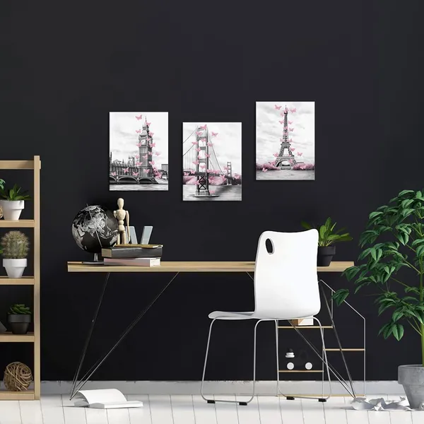 Multicolor_3_Pieces_Pink_and_Grey_Canvas_Wall_Art_|_For_Living_Room_Bedroom_Bathroom_Girls_Pink_Paris_Theme_Room_Decor_London_Big_Ben_Tower_Eiffel_Golden_Gate_Bridge_with_Butterfly_Painting_Wall_Decor