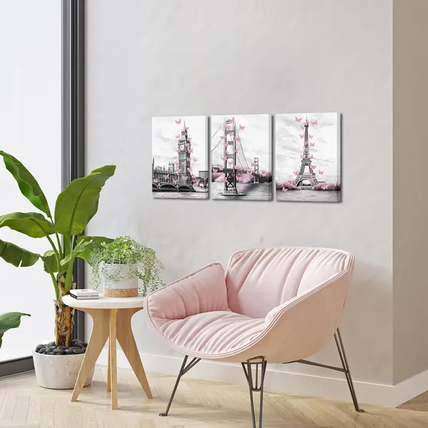 Multicolor_3_Pieces_Pink_and_Grey_Canvas_Wall_Art_|_For_Living_Room_Bedroom_Bathroom_Girls_Pink_Paris_Theme_Room_Decor_London_Big_Ben_Tower_Eiffel_Golden_Gate_Bridge_with_Butterfly_Painting_Wall_Decor