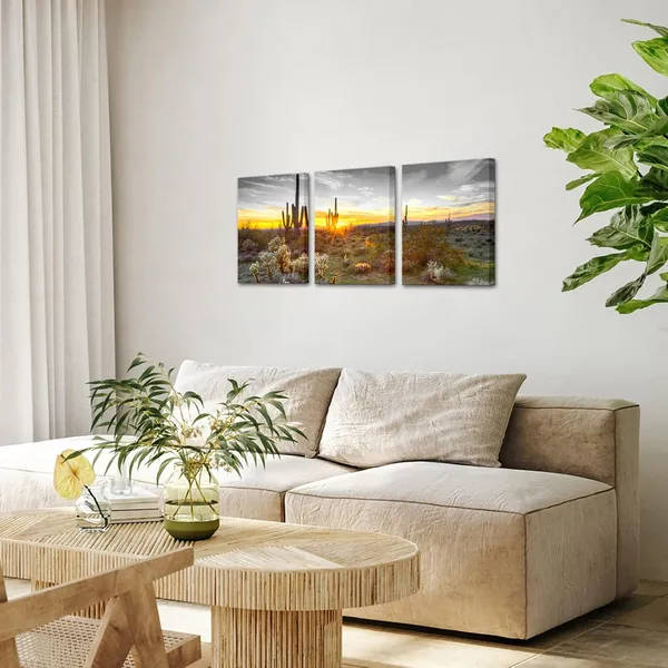 Multicolor_3_Piece_Canvas_Wall_Art_Golden_Sunset_in_Arizona_Sonoran_Desert_Landscape_Painting_Saguaro_Cactus_Pictures_Canvas_Print_Southwest_Decor_|_For_Bedroom_Living_Room_Ready_to_Hang