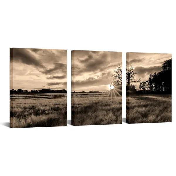 Multicolor_Rural_Sunset_Landscape_Picture_Canvas_Prints_Sepia_Countryside_Field_Photo_Painting_|_For_Farmhouse_Kitchen_Wall_Decor