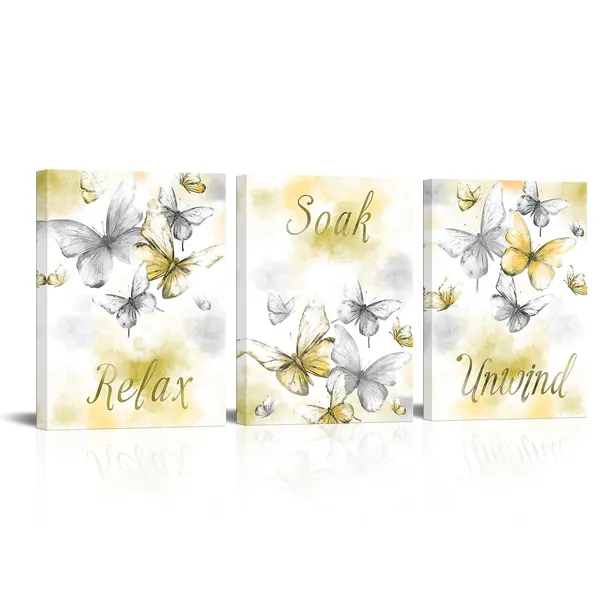 Multicolor_Butterfly_Painting_Canvas_Relax_Soak_Unwind_Wall_Art_Bathroom_Decor_Watercolor_Butterflies_Picture_Prints_Modern_Bedroom_Bathroom_Decorations_(Small,_Yellow)