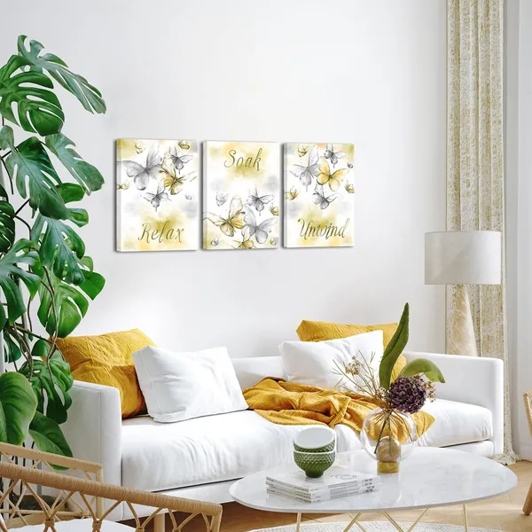 Multicolor_Butterfly_Painting_Canvas_Relax_Soak_Unwind_Wall_Art_Bathroom_Decor_Watercolor_Butterflies_Picture_Prints_Modern_Bedroom_Bathroom_Decorations_(Small,_Yellow)
