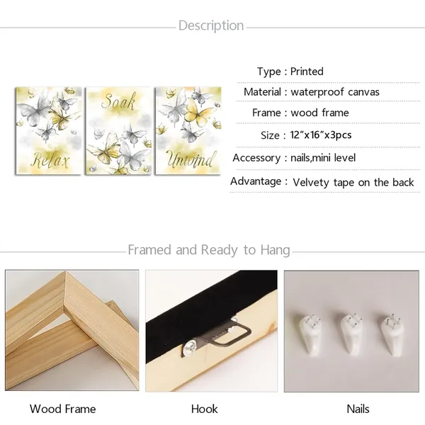 Multicolor_Butterfly_Painting_Canvas_Relax_Soak_Unwind_Wall_Art_Bathroom_Decor_Watercolor_Butterflies_Picture_Prints_Modern_Bedroom_Bathroom_Decorations_(Small,_Yellow)