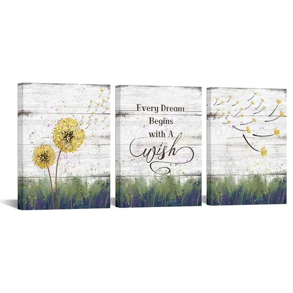 Multicolor_Dandelion_Flower_Wall_Art_Every_Dream_Begins_with_A_Wish_Sign_Painting_Inspirational_Motivational_Quotes_Canvas_Print_Art_|_For_Bedroom_Living_Room_12"x16"x3pcs
