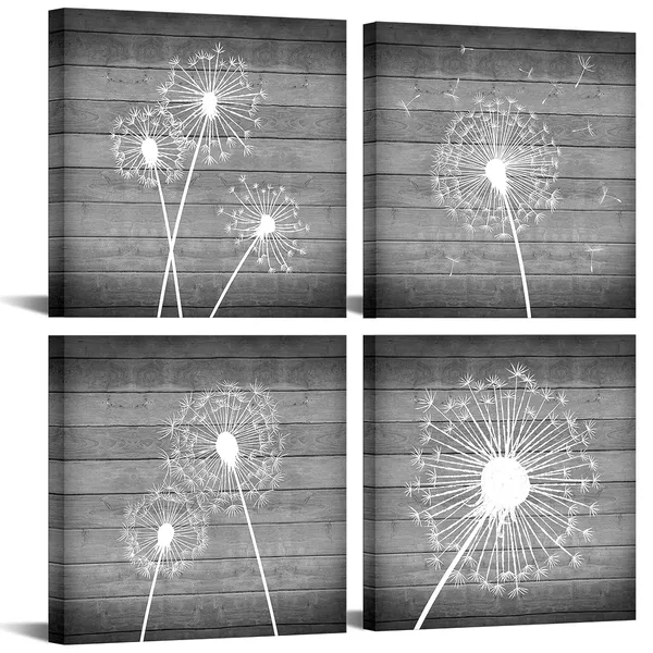 Multicolor_4_Piece_Flower_Wall_Art_White_and_Grey_Dandelion_Picture_Canvas_Painting_with_Wood_Frame_Modern_Floral_Canvas_Artwork_|_For_Bedroom_Bathroom_Wall_Decorations_(12x12inchesx4pcs)