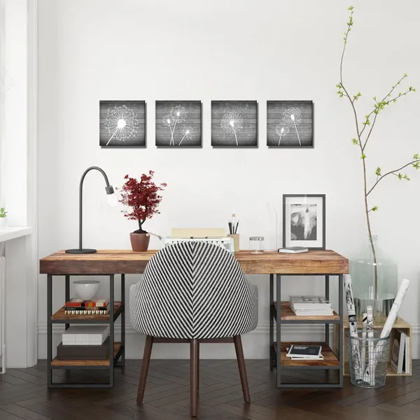 Multicolor_4_Piece_Flower_Wall_Art_White_and_Grey_Dandelion_Picture_Canvas_Painting_with_Wood_Frame_Modern_Floral_Canvas_Artwork_|_For_Bedroom_Bathroom_Wall_Decorations_(12x12inchesx4pcs)