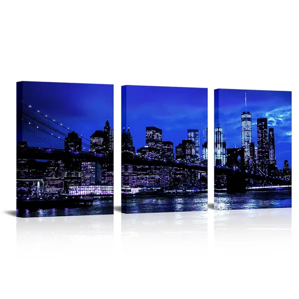 Multicolor_3_Pieces_New_York_City_Wall_Art_Canvas_Black_and_White_Blue_Brooklyn_Bridge_Night_Skyline_Picture_Photo_Print_Modern_Cityscape_Poster_Painting_|_For_Home_Office_Living_Room_Decor_(Small)_(Blue)