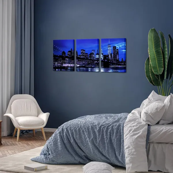 Multicolor_3_Pieces_New_York_City_Wall_Art_Canvas_Black_and_White_Blue_Brooklyn_Bridge_Night_Skyline_Picture_Photo_Print_Modern_Cityscape_Poster_Painting_|_For_Home_Office_Living_Room_Decor_(Small)_(Blue)